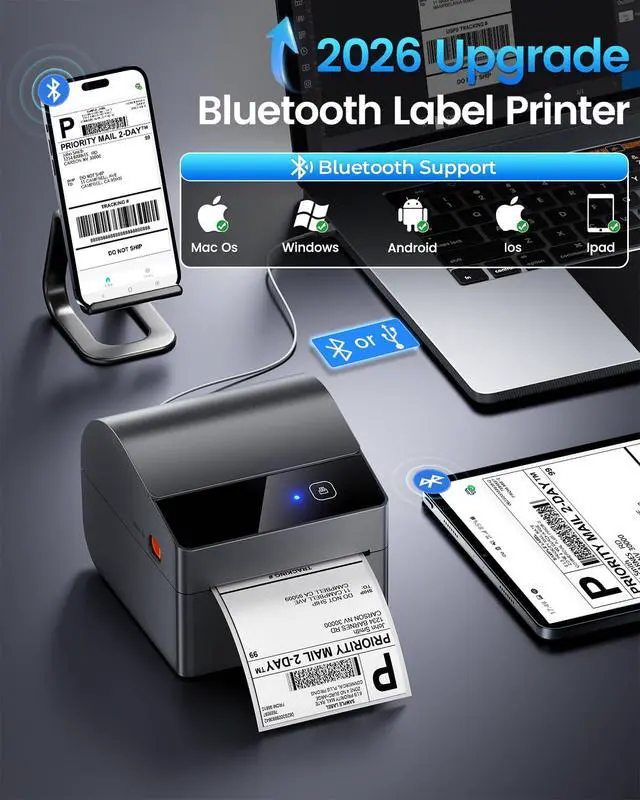 Alt view image 2 of 7 - Bluetooth Shipping Label Printerwith Built-in Paper Bin | Thermal Label Printer 4x6 for Small Business & Shipping Packages, Thermal Printers Compatible with Amazon, Tiktok, USPS