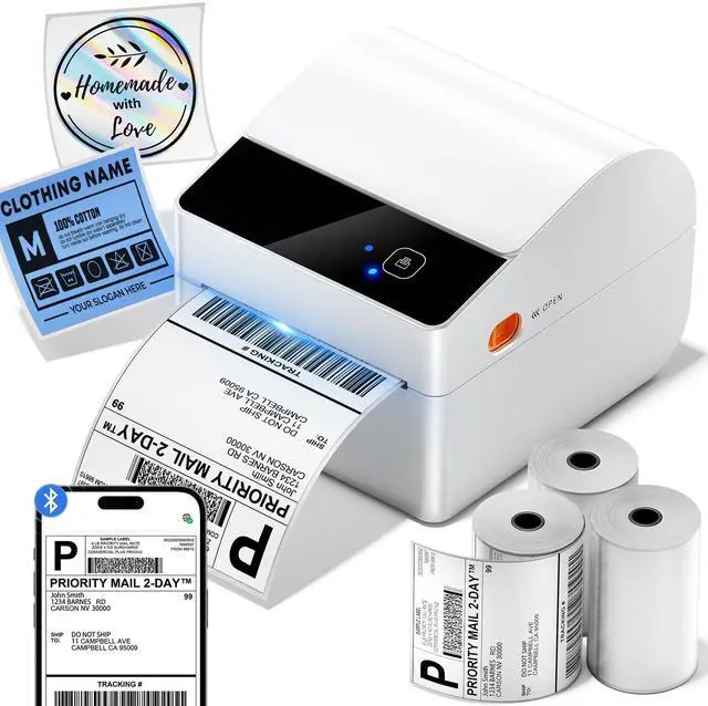 Main image of Bluetooth Thermal Label Printer with 3 Roll Labels | White Shipping Label Printer with Built-in Label Bin, Thermal Printers Come with 750PCS 4x6" White Labels (250 Labels/Roll)