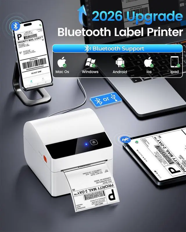 Alt view image 2 of 6 - Bluetooth Thermal Label Printer with 3 Roll Labels | White Shipping Label Printer with Built-in Label Bin, Thermal Printers Come with 750PCS 4x6" White Labels (250 Labels/Roll)