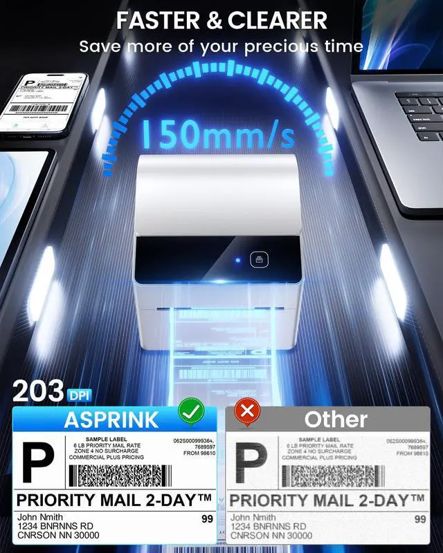 Alt view image 3 of 6 - Bluetooth Thermal Label Printer with 3 Roll Labels | White Shipping Label Printer with Built-in Label Bin, Thermal Printers Come with 750PCS 4x6" White Labels (250 Labels/Roll)