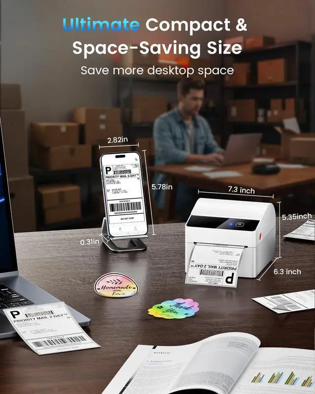 Alt view image 6 of 6 - Bluetooth Thermal Label Printer with 3 Roll Labels | White Shipping Label Printer with Built-in Label Bin, Thermal Printers Come with 750PCS 4x6" White Labels (250 Labels/Roll)