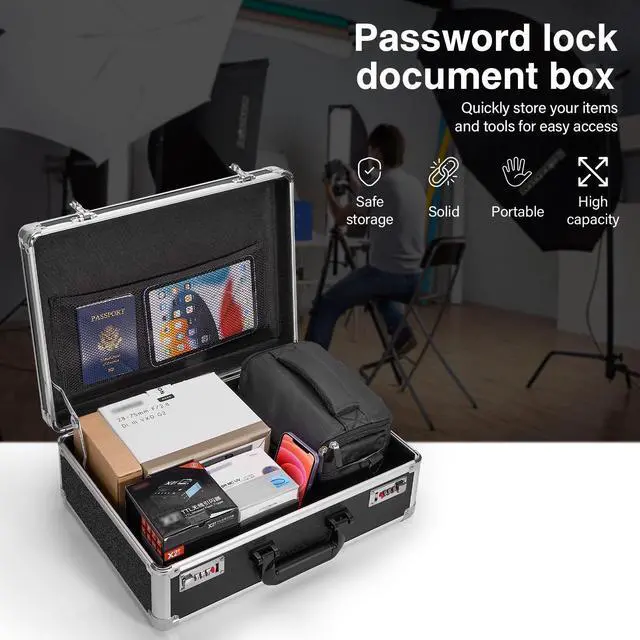 Alt view image 3 of 7 - File Organizer Storage Box - 18.9 x 14.6 x 6.3 Inch X-Large, Portable Locking Storage Totes with Dual Combination Locks for Cash, Documents & Valuables - Black