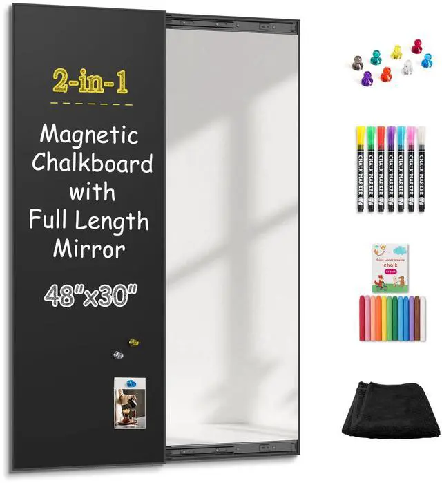 Main image of 2-in-1 Magnetic Chalkboard with Mirror 48 x 30 Inches - Black Aluminum Frame Sliding Chalk Board and Full Length Mirror for Home, Business, Office - 4 x 2.5ft Magnet Display Board Pizarra
