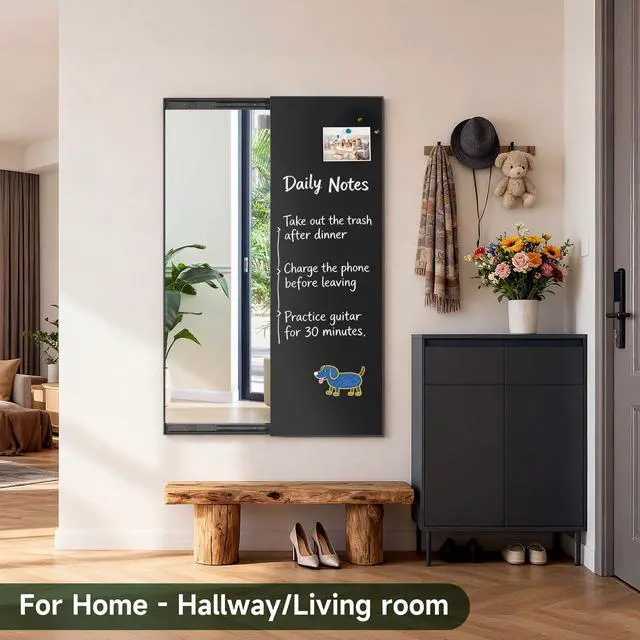 Alt view image 3 of 7 - 2-in-1 Magnetic Chalkboard with Mirror 48 x 30 Inches - Black Aluminum Frame Sliding Chalk Board and Full Length Mirror for Home, Business, Office - 4 x 2.5ft Magnet Display Board Pizarra