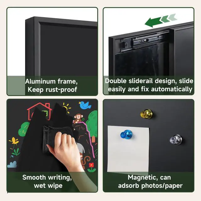 Alt view image 7 of 7 - 2-in-1 Magnetic Chalkboard with Mirror 48 x 30 Inches - Black Aluminum Frame Sliding Chalk Board and Full Length Mirror for Home, Business, Office - 4 x 2.5ft Magnet Display Board Pizarra