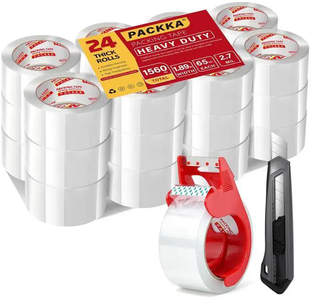 Main image of Heavy Duty Packing Tape for Moving Boxes and Packaging Supplies, 6/12/18/24 Rolls Clear Moving Tape with Dispenser and Utility Knife, 1.89in. X65yd, Mailing and Moving Supplies (24)