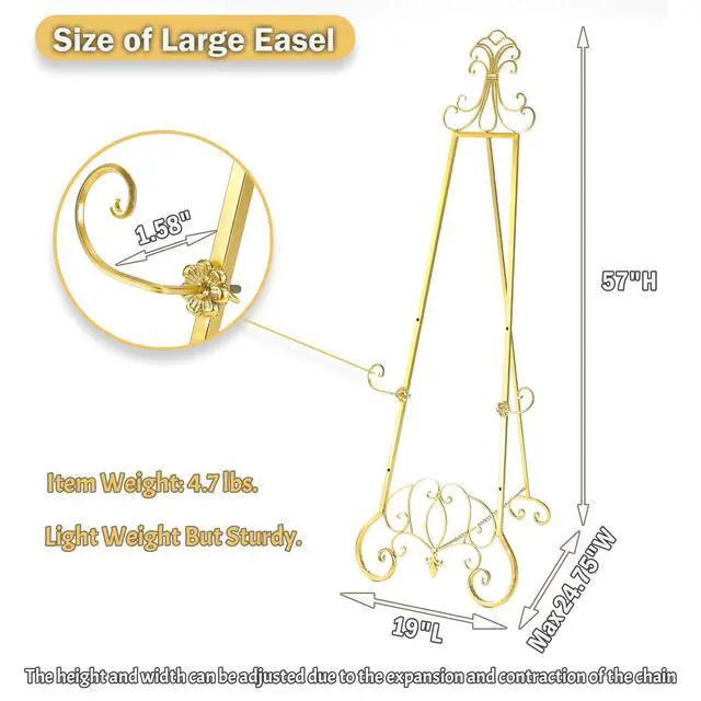 Alt view image 5 of 7 - Gold Easel Stand for Sign, Adjustable Height Metal Easel Display Stand with Chain Support, Heavy Duty Easel for Sign, Wedding, Picture Frame, Mirror. (No Installation Required)