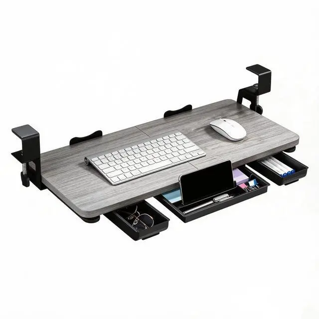 Main image of Keyboard Tray Under Desk with Drawer,26.77" X 11.81" Keyboard Tray Large Size with C Clamp-on Mount, Easy to Install, Save Space for Office Desk (Grey)