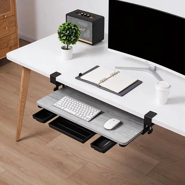 Alt view image 4 of 6 - Keyboard Tray Under Desk with Drawer,26.77" X 11.81" Keyboard Tray Large Size with C Clamp-on Mount, Easy to Install, Save Space for Office Desk (Grey)
