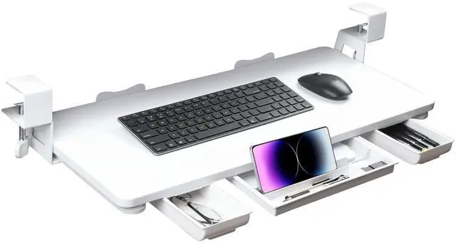 Main image of Keyboard Tray Under Desk with Drawer,26.77" X 11.81"Large Size Keyboard Tray with C Clamp-on Mount, Easy to Install, for Home Office (White)