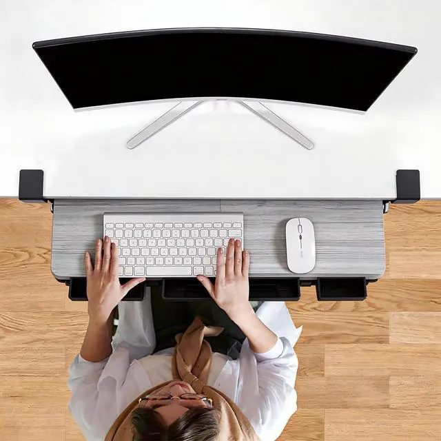 Alt view image 6 of 6 - Keyboard Tray Under Desk with Drawer,26.77" X 11.81" Keyboard Tray Large Size with C Clamp-on Mount, Easy to Install, Save Space for Office Desk (Grey)
