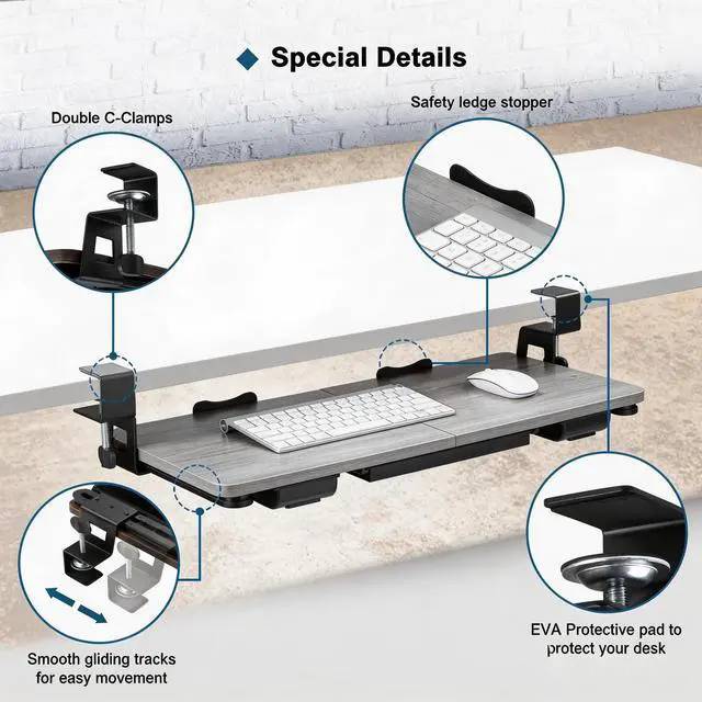 Alt view image 5 of 6 - Keyboard Tray Under Desk with Drawer,26.77" X 11.81" Keyboard Tray Large Size with C Clamp-on Mount, Easy to Install, Save Space for Office Desk (Grey)