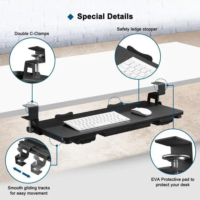 Alt view image 5 of 7 - Keyboard Tray Under Desk with Drawer,26.77" X 11.81" Keyboard Tray Large Size with C Clamp-on Mount, Easy to Install, Save Space for Office Desk (Black)
