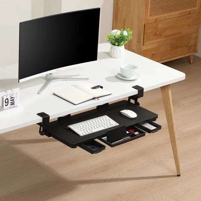Alt view image 7 of 7 - Keyboard Tray Under Desk with Drawer,26.77" X 11.81" Keyboard Tray Large Size with C Clamp-on Mount, Easy to Install, Save Space for Office Desk (Black)