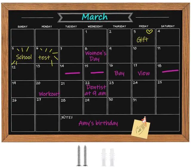 Main image of Calendar Chalkboard, 23.6" * 31.5", Magnetic Surface Rustic Brown Solid Pine Wood Frame Chalk Board for Planning/School Timetable/Memo, Hanging Board for Office, School and Home