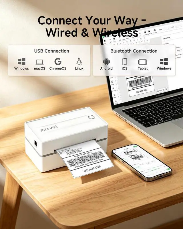 Alt view image 2 of 7 - Bluetooth Thermal Shipping Label Printer with Stand, Wireless 4x6 Label Printer for Small Business, Compatible with iPhone, Android, Windows & Mac, Works with Amazon USPS Etsy Shopify (White)