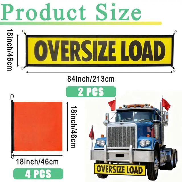 Alt view image 2 of 7 - 2 Pack Oversize Load Banner for Trucks & Pilot Cars, 4 Red Warning Flags with Bungee Hooks & Metal Hooks, Heavy Duty Mesh Wide Load Signs for Trailers/Semis, 18" x 84"