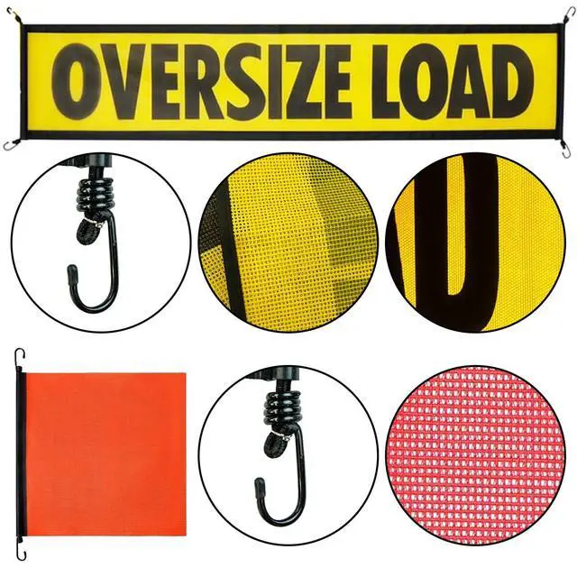 Alt view image 4 of 7 - 2 Pack Oversize Load Banner for Trucks & Pilot Cars, 4 Red Warning Flags with Bungee Hooks & Metal Hooks, Heavy Duty Mesh Wide Load Signs for Trailers/Semis, 18" x 84"