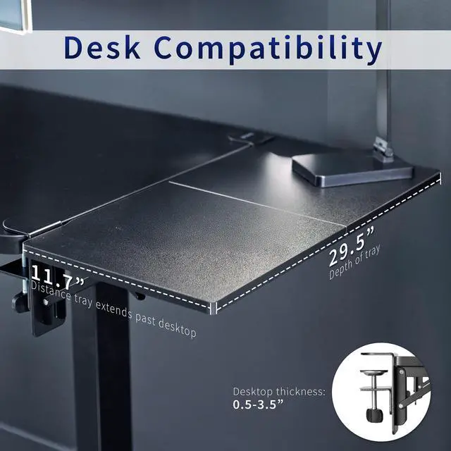 Alt view image 5 of 7 - Black Clamp-on 30 x 12 in Desk Extender, DESK-EXT30 | Foldable, Wrist Support Arm Rest, Office Keyboard Tray, Side Table Extension Attachment