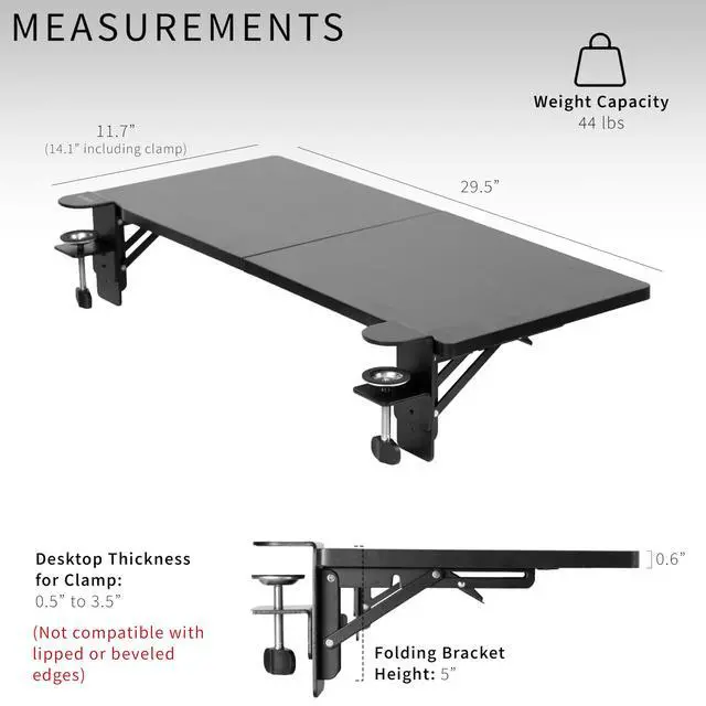 Alt view image 2 of 7 - Black Clamp-on 30 x 12 in Desk Extender, DESK-EXT30 | Foldable, Wrist Support Arm Rest, Office Keyboard Tray, Side Table Extension Attachment