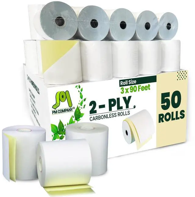Main image of 2 Ply POS/Cash Register Rolls, 3 Inches X 90 Feet, White/Canary, 50 per Carton (07706)