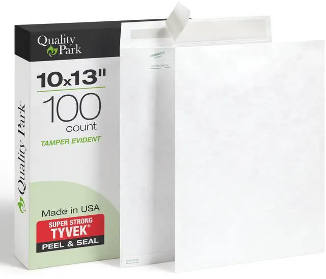 Main image of Tyvek Envelopes, 100 Pack, Large 10 x 13 Mailers, Easy-to-Open Tamper Evident Pull Strip, Rip, Puncture & Water Resistant Self Sealing Mailing Envelopes for Lightweight Shipping, White