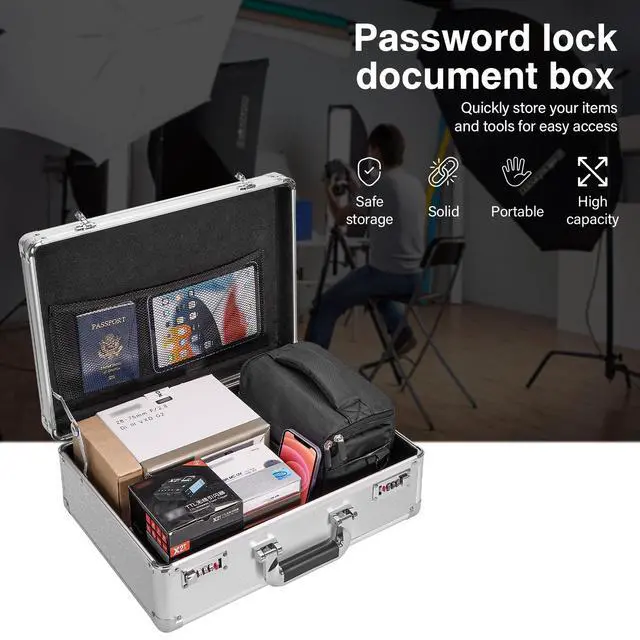 Alt view image 5 of 7 - File Organizer Storage Box - 18.9 x 14.6 x 6.3 Inch X-Large, Portable Locking Storage Totes with Dual Combination Locks for Cash, Documents & Valuables - Silver