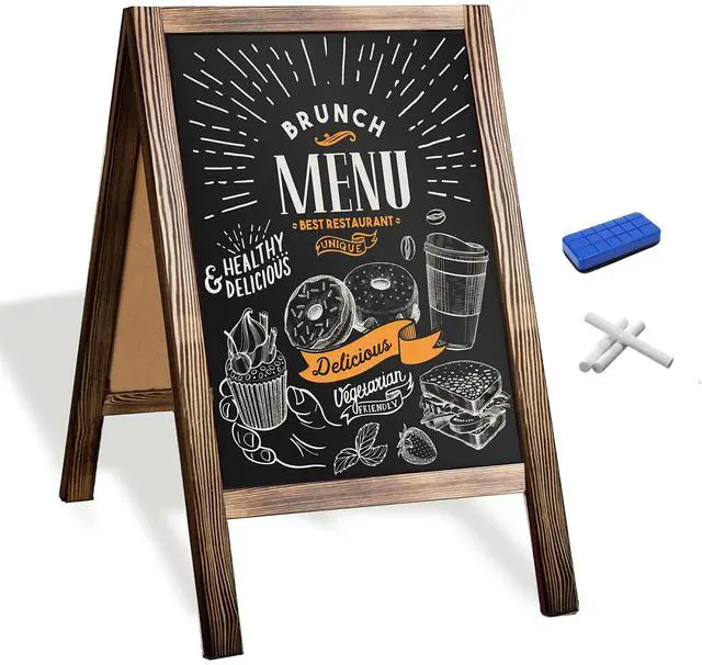 Main image of A Frame Chalk Board Easel Sign 21x30 in - Sandwich Signs Outdoor | Solid Wood A Frame Chalkboard Sign, Magnetic Double-Sided Blackboard Easel, Includes Chalk & Eraser - Brown