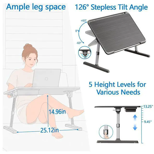 Alt view image 3 of 7 - Adjustable Lap Desk, Large Smooth Easy-Clean Wood Grain Desktop, Foldable Laptop Bed Tray Table with Storage Drawer, Portable Laptop Stand Fits 17" Laptop for Bed Couch Floor (Striped)