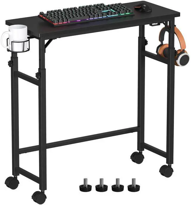 Main image of Mobile Keyboard Tray with Wire Cup Holder & 2 Storage Hooks, Height Adjustable 27.5"44.4", Rolling Standing Desk Keyboard Platform with Lockable Casters for Home Office, Black