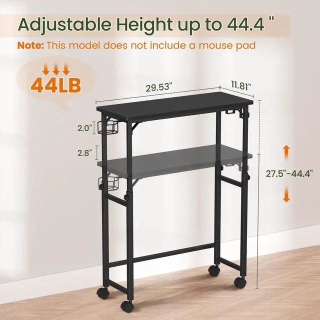 Alt view image 2 of 7 - Mobile Keyboard Tray with Wire Cup Holder & 2 Storage Hooks, Height Adjustable 27.5"44.4", Rolling Standing Desk Keyboard Platform with Lockable Casters for Home Office, Black