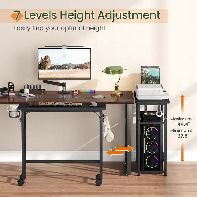 Alt view image 3 of 7 - Mobile Keyboard Tray with Wire Cup Holder & 2 Storage Hooks, Height Adjustable 27.5"44.4", Rolling Standing Desk Keyboard Platform with Lockable Casters for Home Office, Black