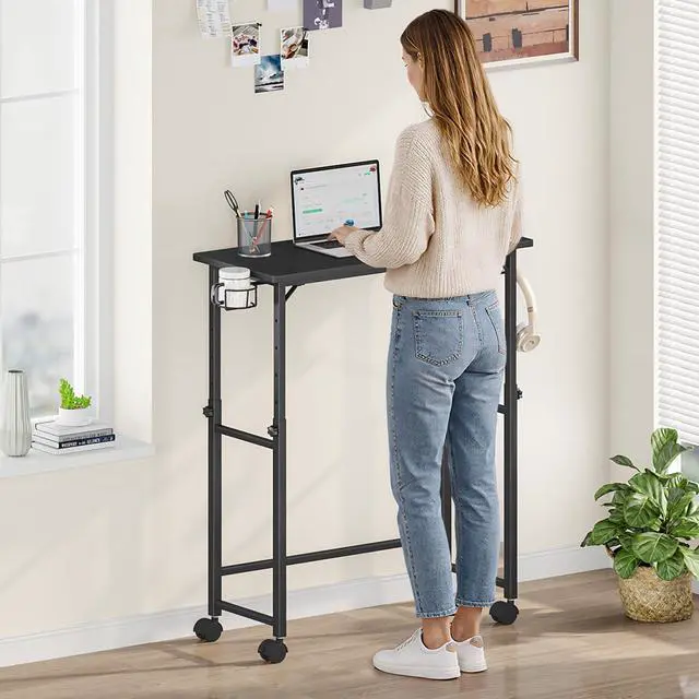 Alt view image 5 of 7 - Mobile Keyboard Tray with Wire Cup Holder & 2 Storage Hooks, Height Adjustable 27.5"44.4", Rolling Standing Desk Keyboard Platform with Lockable Casters for Home Office, Black
