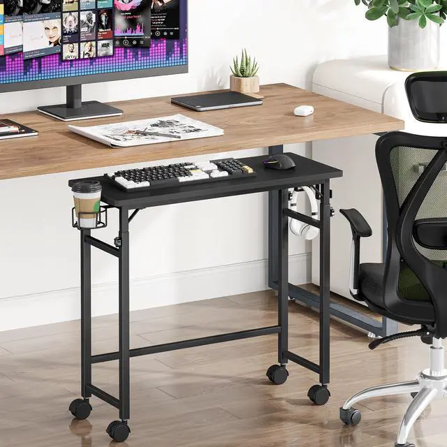 Alt view image 6 of 7 - Mobile Keyboard Tray with Wire Cup Holder & 2 Storage Hooks, Height Adjustable 27.5"44.4", Rolling Standing Desk Keyboard Platform with Lockable Casters for Home Office, Black