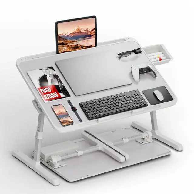 Main image of Adjustable Lap Desk, Large Smooth Easy-Clean Wood Grain Desktop, Foldable Laptop Bed Tray Table with Storage Drawer, Portable Laptop Stand Fits 17" Laptop for Bed Couch Floor (Grey)
