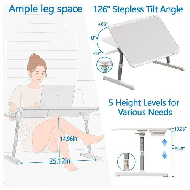 Alt view image 3 of 7 - Adjustable Lap Desk, Large Smooth Easy-Clean Wood Grain Desktop, Foldable Laptop Bed Tray Table with Storage Drawer, Portable Laptop Stand Fits 17" Laptop for Bed Couch Floor (Grey)