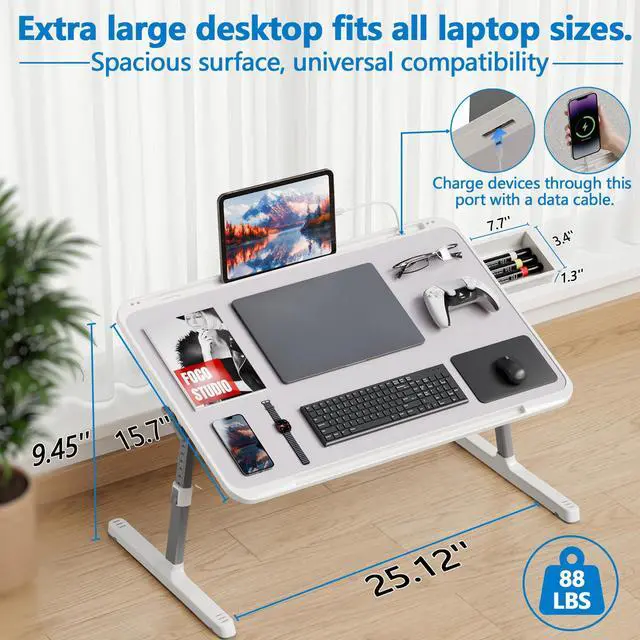 Alt view image 2 of 7 - Adjustable Lap Desk, Large Smooth Easy-Clean Wood Grain Desktop, Foldable Laptop Bed Tray Table with Storage Drawer, Portable Laptop Stand Fits 17" Laptop for Bed Couch Floor (Grey)