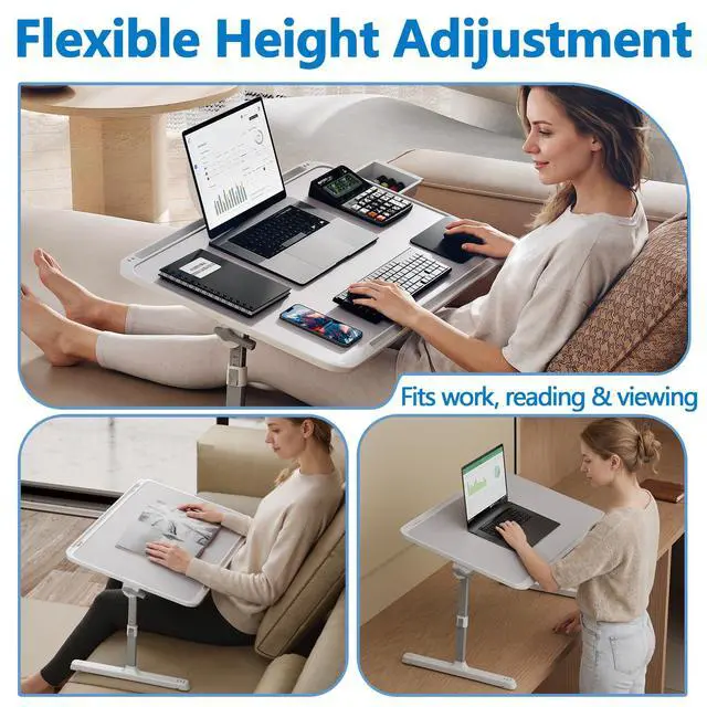 Alt view image 7 of 7 - Adjustable Lap Desk, Large Smooth Easy-Clean Wood Grain Desktop, Foldable Laptop Bed Tray Table with Storage Drawer, Portable Laptop Stand Fits 17" Laptop for Bed Couch Floor (Grey)