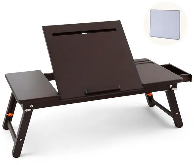 Main image of Laptop Bed Desk Bamboo Lap Table with Tablet Slot Height & Angle Adjustable Computer Lap Desk with Drawer Breakfast Serving Tray for Bed Floor, Black Walnut