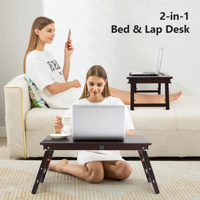 Alt view image 2 of 7 - Laptop Bed Desk Bamboo Lap Table with Tablet Slot Height & Angle Adjustable Computer Lap Desk with Drawer Breakfast Serving Tray for Bed Floor, Black Walnut