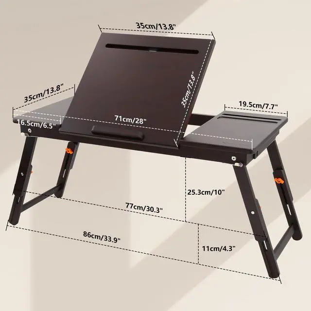 Alt view image 3 of 7 - Laptop Bed Desk Bamboo Lap Table with Tablet Slot Height & Angle Adjustable Computer Lap Desk with Drawer Breakfast Serving Tray for Bed Floor, Black Walnut