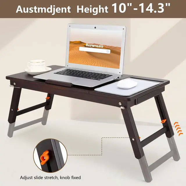 Alt view image 7 of 7 - Laptop Bed Desk Bamboo Lap Table with Tablet Slot Height & Angle Adjustable Computer Lap Desk with Drawer Breakfast Serving Tray for Bed Floor, Black Walnut