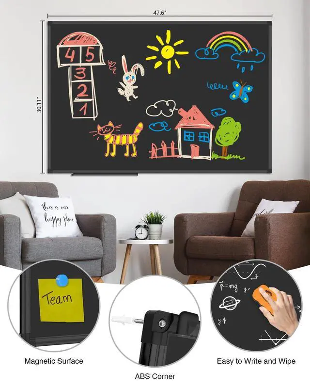 Alt view image 2 of 6 - XBoard Magnetic Chalkboard 48 x 31 inch Chalk Board/Black Board, Black Aluminium Frame, Display Collections