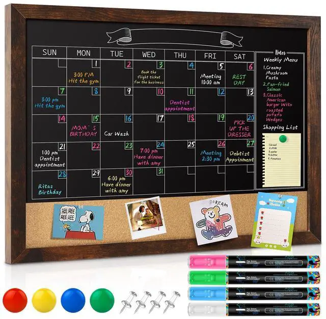 Main image of Chalkboard Calendar 36" x 24" Chalk Board Calendar for Wall | Magnetic Chalkboard Framed, Wall Mounted, Blackboard for Office, Kitchen, School, Home