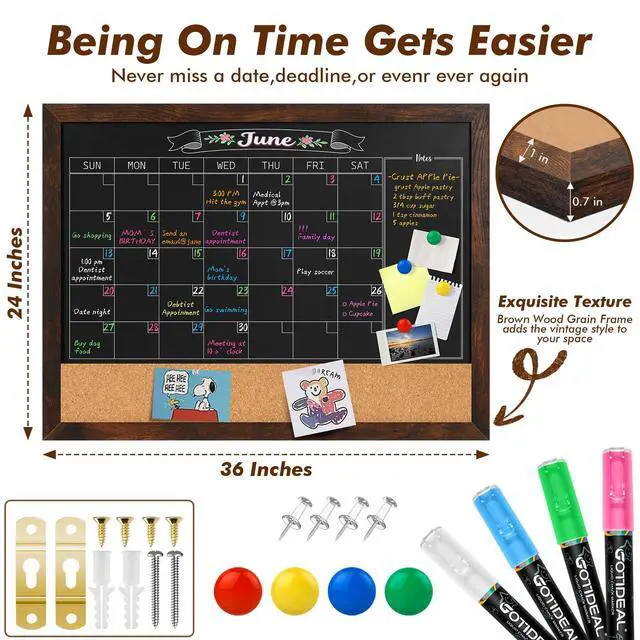 Alt view image 2 of 7 - Chalkboard Calendar 36" x 24" Chalk Board Calendar for Wall | Magnetic Chalkboard Framed, Wall Mounted, Blackboard for Office, Kitchen, School, Home