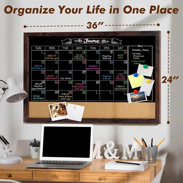 Alt view image 5 of 7 - Chalkboard Calendar 36" x 24" Chalk Board Calendar for Wall | Magnetic Chalkboard Framed, Wall Mounted, Blackboard for Office, Kitchen, School, Home