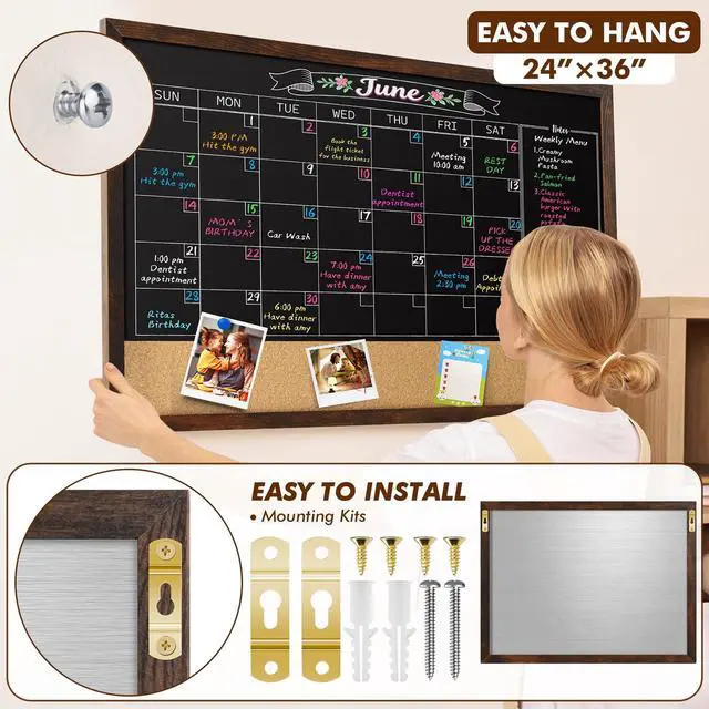 Alt view image 4 of 7 - Chalkboard Calendar 36" x 24" Chalk Board Calendar for Wall | Magnetic Chalkboard Framed, Wall Mounted, Blackboard for Office, Kitchen, School, Home