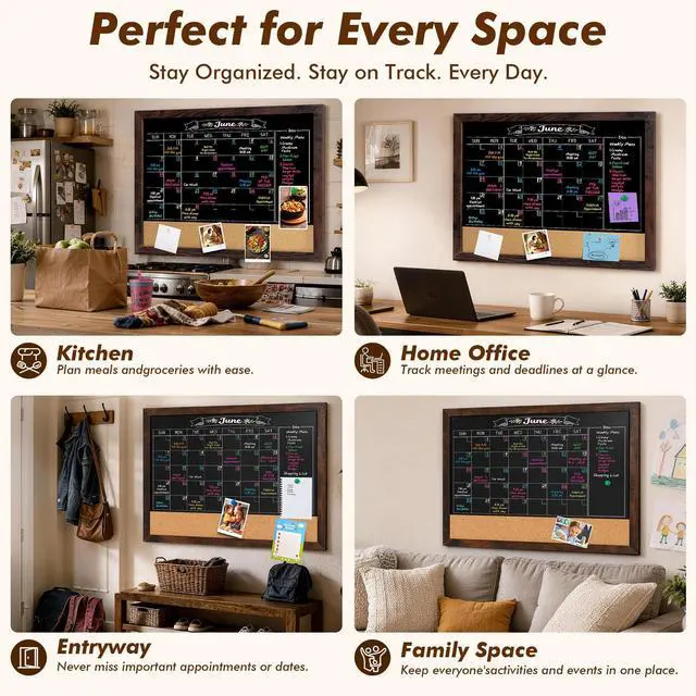 Alt view image 6 of 7 - Chalkboard Calendar 36" x 24" Chalk Board Calendar for Wall | Magnetic Chalkboard Framed, Wall Mounted, Blackboard for Office, Kitchen, School, Home