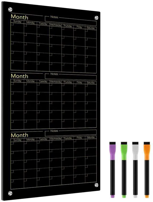 Main image of Black Glass Whiteboard Calendar 36" X 18" 3 Month Dry Erase White Board Planner Glass Large Wall Mounted Calendar with Marker Tray for Wall Home Office