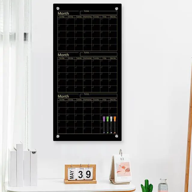 Alt view image 3 of 6 - Black Glass Whiteboard Calendar 36" X 18" 3 Month Dry Erase White Board Planner Glass Large Wall Mounted Calendar with Marker Tray for Wall Home Office